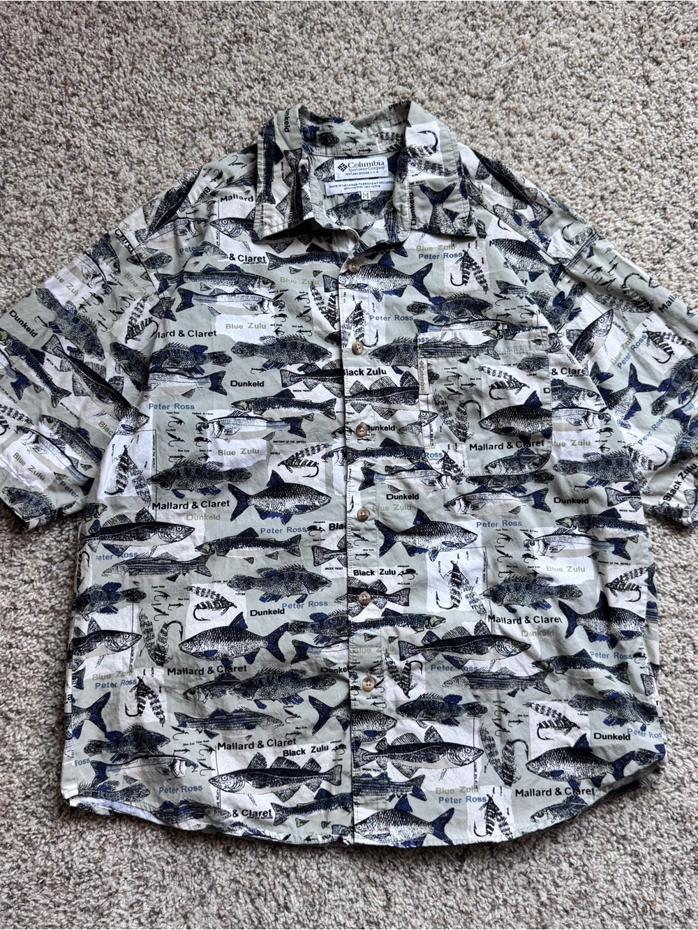 Vtg Columbia Mens M Fishing Shirt Fish Print Button-Front Short Sleeve Blue/Mint